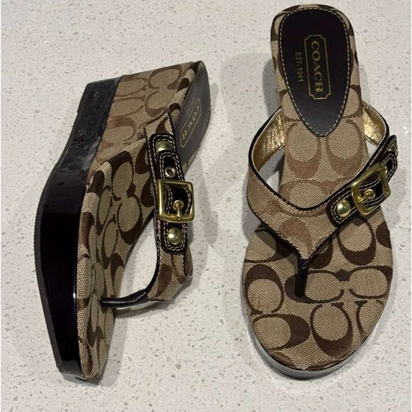 Coach Gracy Women’s Signature Logo Wedge Sandals Platform Thong Brown Size 7.5M - Picture 2 of 11